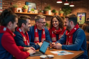 Supporters passionnés de l OL Lyonnais discutant dans un café