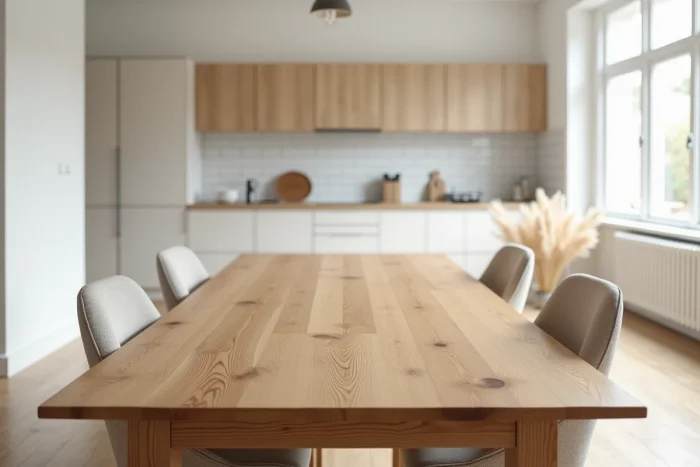 Table en bois de chêne massif dans un intérieur scandinave épuré avec chaises en lin et parquet clair