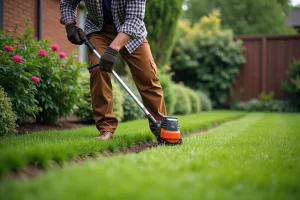 Homme d'âge moyen coupe l'herbe avec un coupe-bince dans un jardin bien entretenu