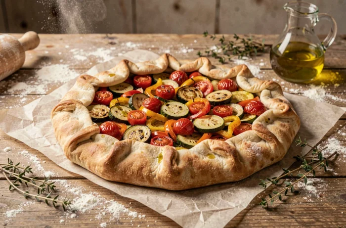 Tarte rustique libre aux légumes de saison rôtis avec une pâte à l'huile d'olive dorée et croustillante sur du papier parchemin