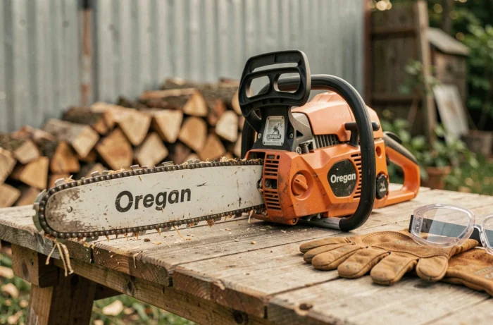 Tronçonneuse Oregon CS1400 posée sur un établi en bois avec des équipements de protection dans un atelier de jardin