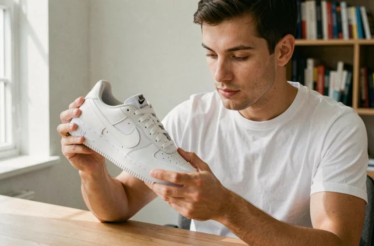 Homme vérifiant l'étiquette intérieure d'une sneaker Nike pour authentifier le numéro de série