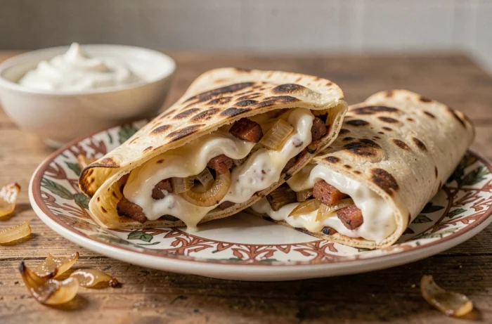 Wrap de tortilla croustillant coupé en deux révélant une garniture façon tarte flambée avec crème fraîche, oignons caramélisés et fromage fondu